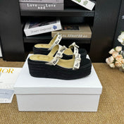 DIOR 26S WEDGE SANDAL IN BLACK CANVAS AND CALFSKIN