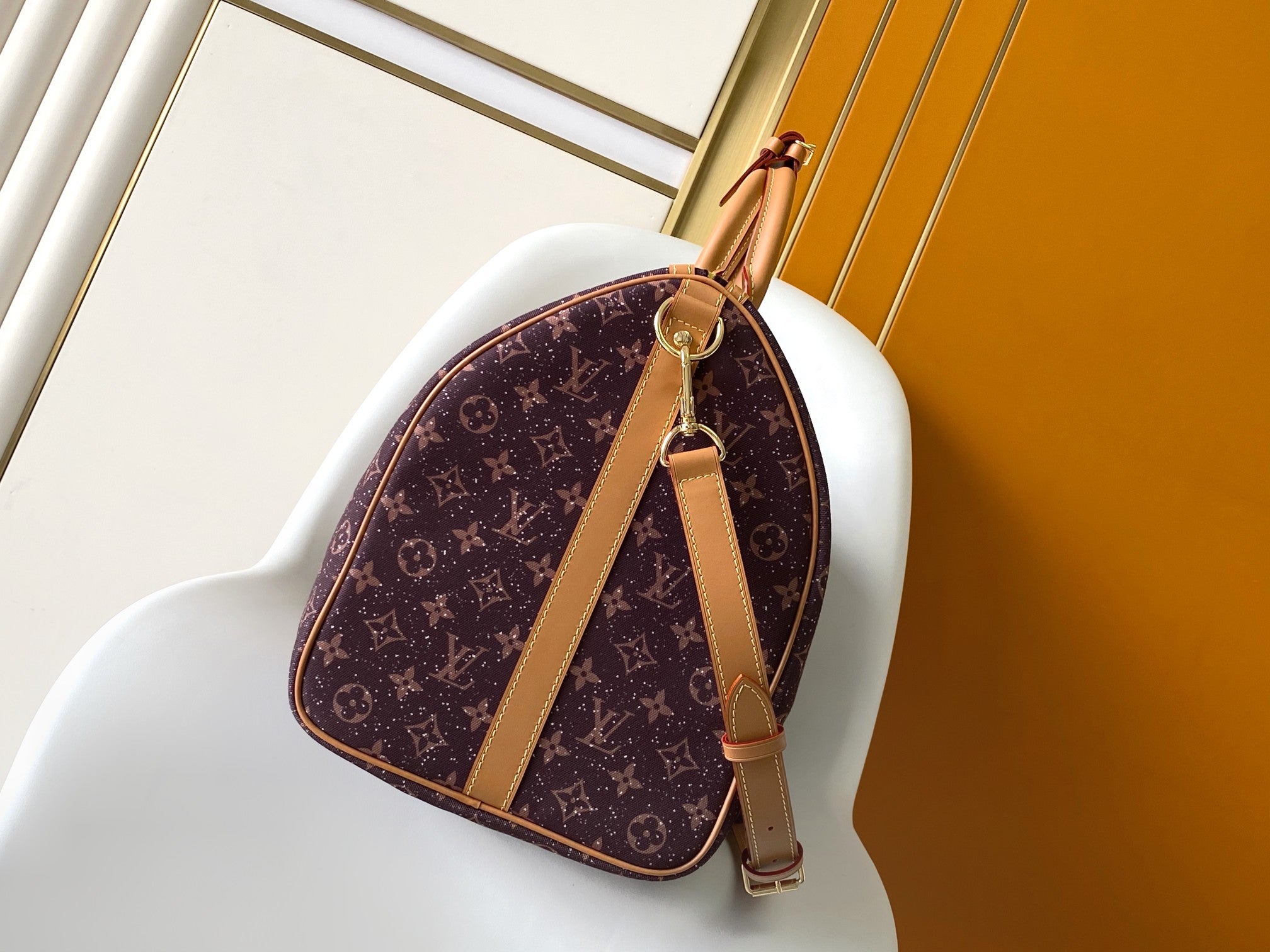 LV 25S KEEPALL 50 MONOGRAM CRYSTALS IN DARK PURPLE CANVAS AND CALFSKIN TRIM