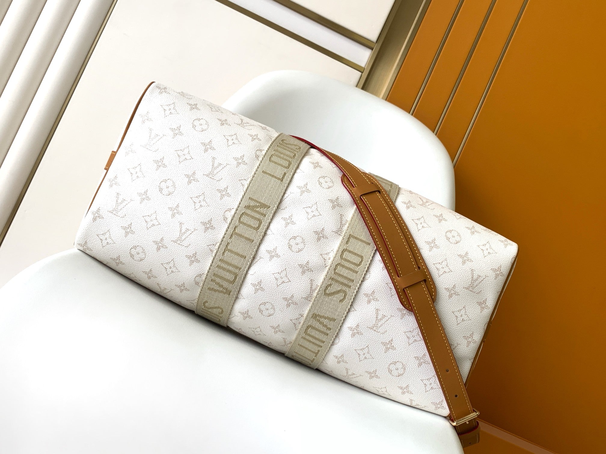 LV 25S KEEPALL BANDOULIÈRE BAG 45 IN WHITE MONOGRAM HERITAGE CALFSKIN