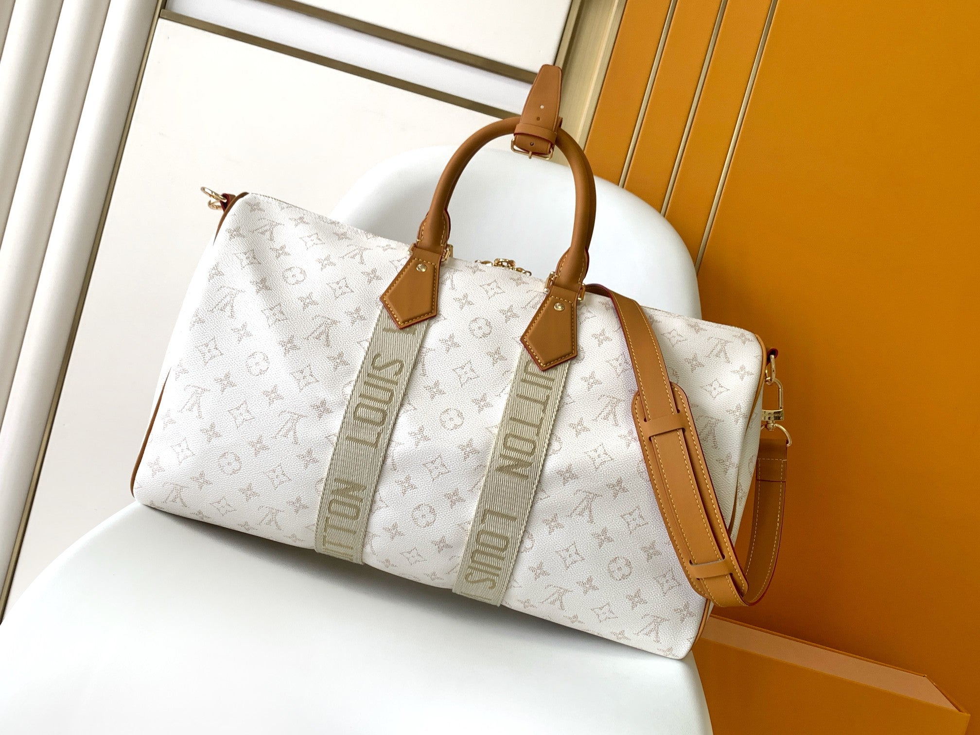 LV 25S KEEPALL BANDOULIÈRE BAG 45 IN WHITE MONOGRAM HERITAGE CALFSKIN