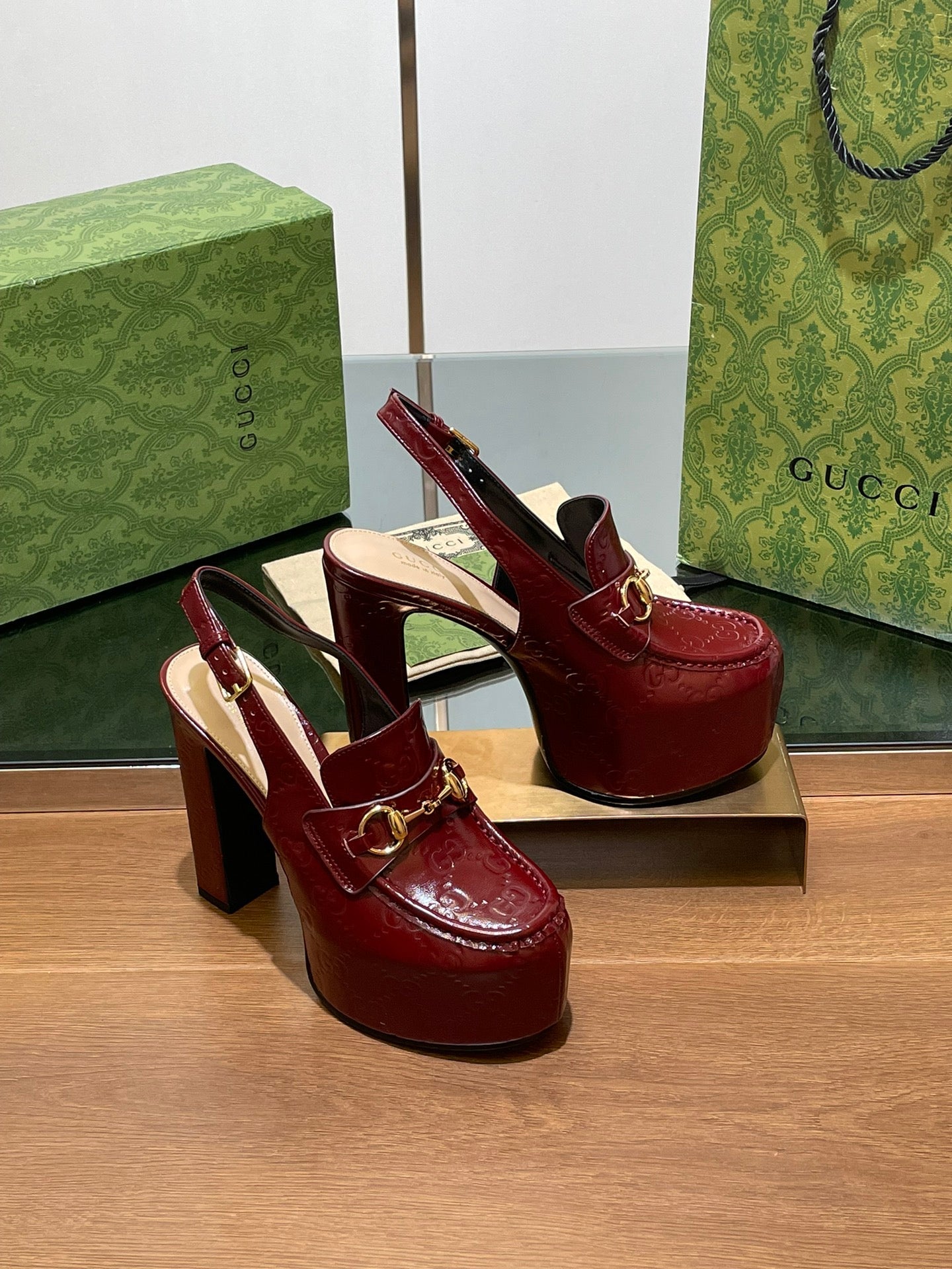GG WOMEN'S HORSEBIT PLATFORM LOAFER SLINGBACK IN  ROSSO ANCORA RED CALFSKIN
