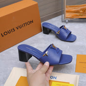LV 26S BLOCK HEEL MULE SANDALS 55MM IN DARK BLUE CALFSKIN GOLD HARDWARE