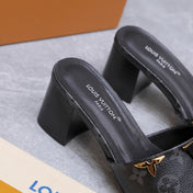 LV 26S BLOCK HEEL MULE SANDALS 55MM IN BLACK MONOGRAM CALFSKIN GOLD HARDWARE