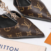 LV 26S ELEGANT T-STRAP HEELS 65MM IN DARK BROWN MONOGRAM CALFSKIN GOLD HARDWARE