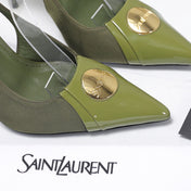 YSL 26S SLINGBACK PUMPS 100 MM IN MOSS GREEN SATIN AND CALFSKIN