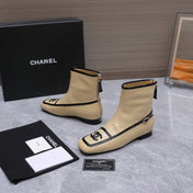CHANEL 26S ANKLE BOOTS IN BEIGE CALFSKIN WITH BLACK PATENT LEATHER TRIM AND CC LOGO ON TOE CAP