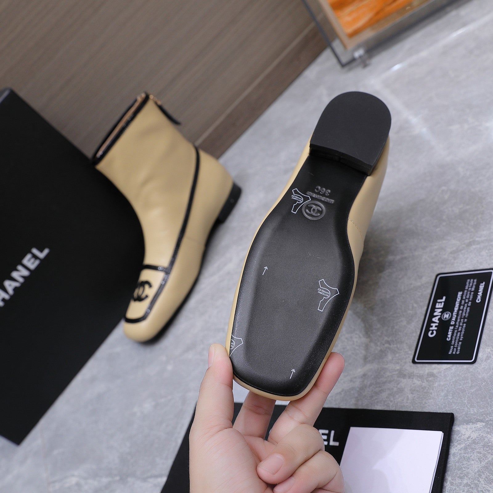 CHANEL 26S ANKLE BOOTS IN BEIGE CALFSKIN WITH BLACK PATENT LEATHER TRIM AND CC LOGO ON TOE CAP