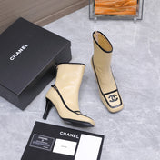 CHANEL 26S ANKLE BOOTS 80 MM IN BEIGE CALFSKIN WITH BLACK PATENT LEATHER TRIM AND CC LOGO ON TOE CAP