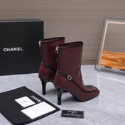 CHANEL 26S ANKLE BOOTS 80 MM IN BURGUNDY CALFSKIN WITH BLACK PATENT LEATHER TRIM AND CC LOGO ON TOE CAP