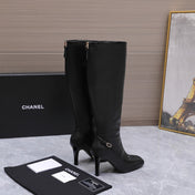 CHANEL 26S KNEE HIGH BOOTS 80 MM IN BLACK CALFSKIN WITH PATENT LEATHER TRIM AND CC LOGO ON TOE CAP