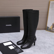 CHANEL 26S KNEE HIGH BOOTS 80 MM IN BLACK CALFSKIN WITH PATENT LEATHER TRIM AND CC LOGO ON TOE CAP