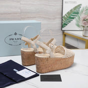 PRADA 26S WEDGE SANDALS IN CREAM WHITE CROCHET AND LEATHER