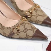 GUCCI 26S HORSEBIT PUMPS 85 MM IN BEIGE CANVAS AND BROWN CALFSKIN