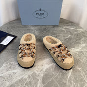 PRADA 26S WOVEN MULES IN BEIGE WOOL MIX SUEDE