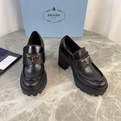 PRADA 26S HEELED LOAFERS 85 MM IN BLACK SMOOTH CALFSKIN