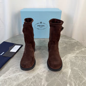 PRADA 26S ANKLE BIKER BOOTS IN DARK BROWN SUEDE