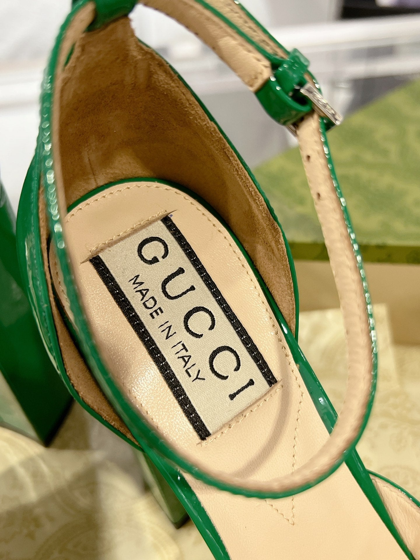 HIGH SANDAL SQUARE HEEL 12 CM IN DARK GREEN CALFSKIN