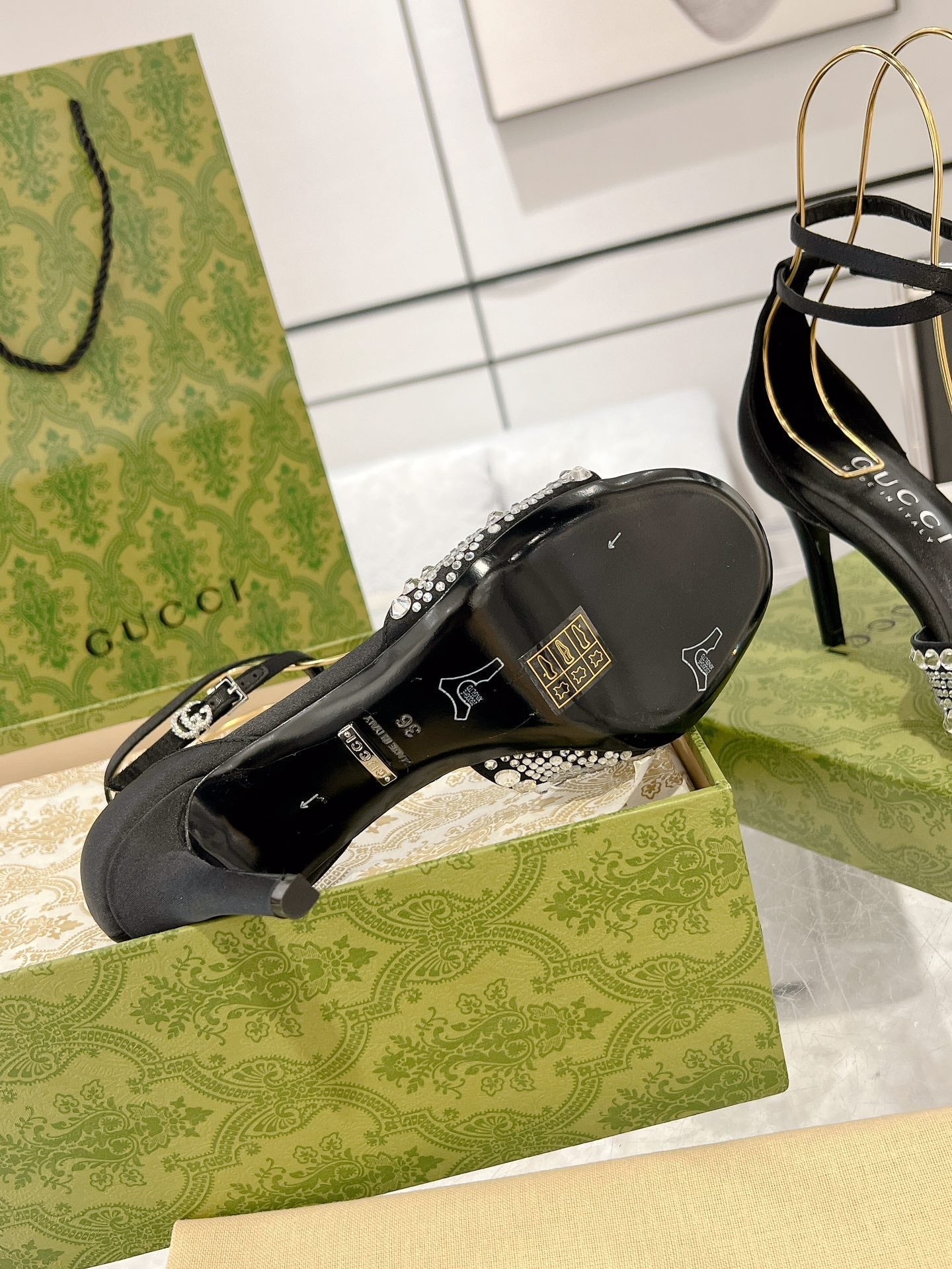 GG CRYSTAL BLACK HIGH HEEL SANDALS SATIN