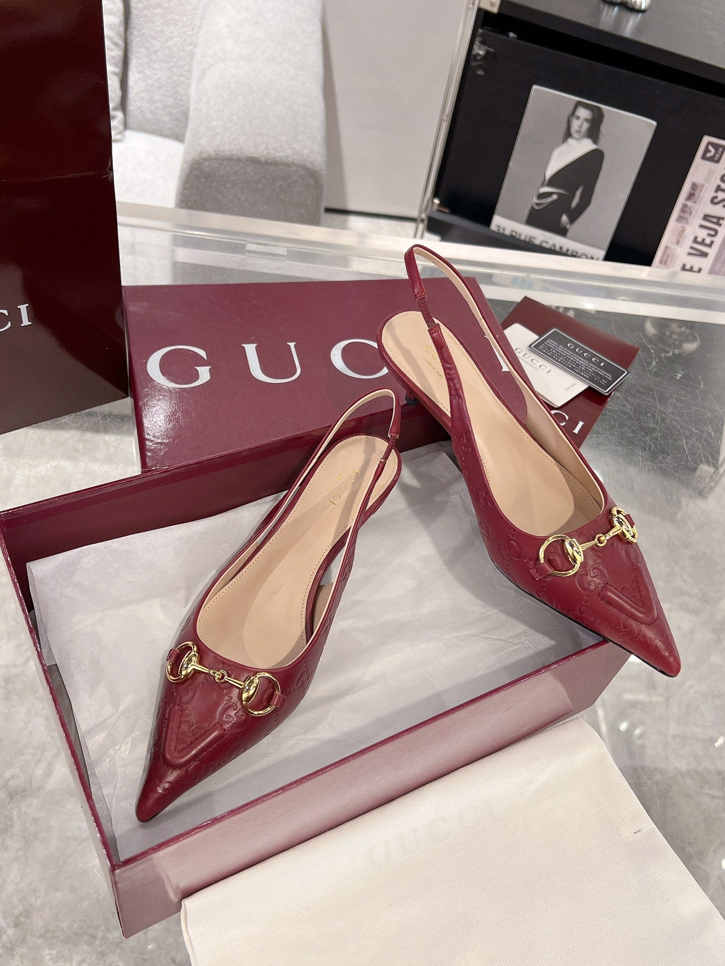 GG MID-HIGH SLINGBACK 4.5 CM IN WINE RED GLOSSY EMBOSSED SUEDE AND SHEEPSKIN LINING