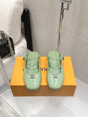 LV 26S FLAT MULES IN MINT GREEN PATENT CALFSKIN