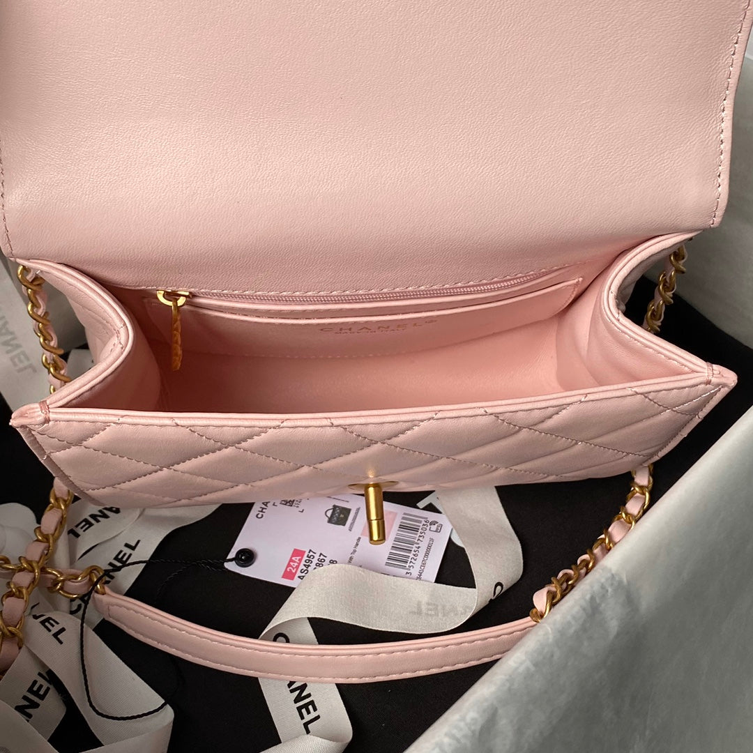 CHANEL 25S FLAP BAG 21 CM IN LIGHT PINK LAMBSKIN WITH TOP HANDLE
