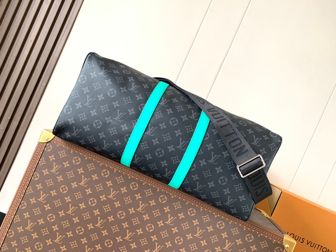 LV 25S KEEPALL 50 WITH SHOULDER STRAP IN BLACK AQUA COATED MONOGRAM ECLIPSE CANVAS AND CALFSKIN