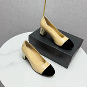 CC HIGH HEEL 25S IN BEIGE LAMBSKIN AND BLACK SUEDE WITH PEARL HEEL STYLE 4