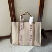 LAGRE WOODY TOTE BAG 45 IN BEIGE LINEN CANVAS LIGHT PINK WEBBING LOGO EMBROIDERY