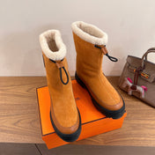HM 26S SHEARLING DRAWSTRING BOOTS IN CAMEL BROWN SUEDE