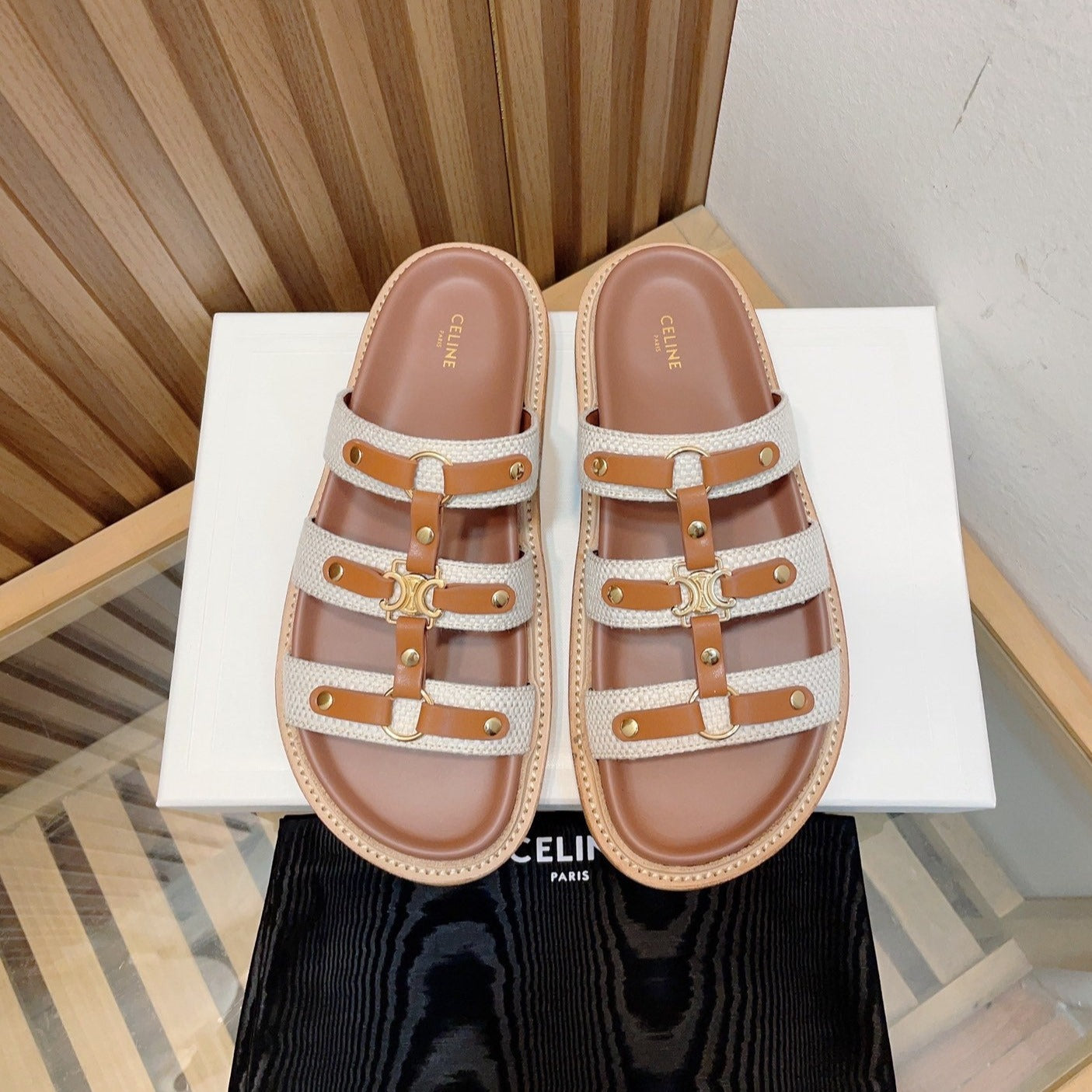 TIPPI SLIDE IN CANVAS & CALFSKIN NATURAL WHITE / TAN