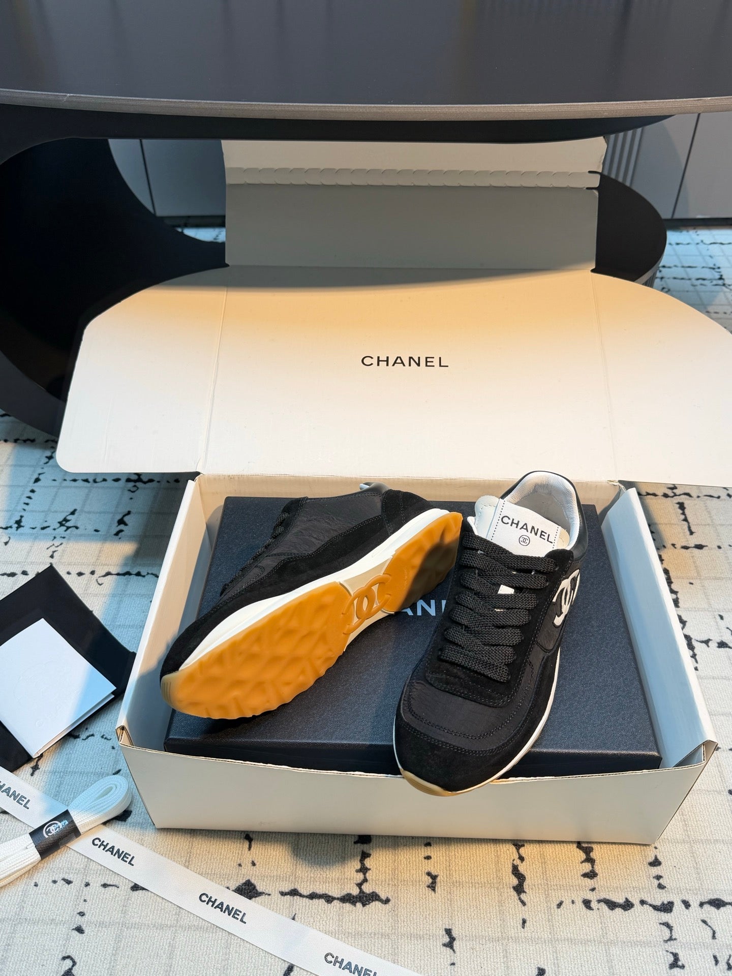 CHANEL 26S CHUNKY SNEAKERS IN BLACK FABRIC AND SUEDE MIX WHITE SOLE