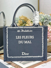 DIOR 26S BOOK TOTE BAG 26 IN GREY EMBROIDERED LETTERING FABRIC