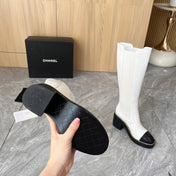 CHANEL 25S HIGH BOOTS STRETCHY SHAFT 85MM IN WHITE MIX BLACK CALFSKIN GOLD HARDWRE