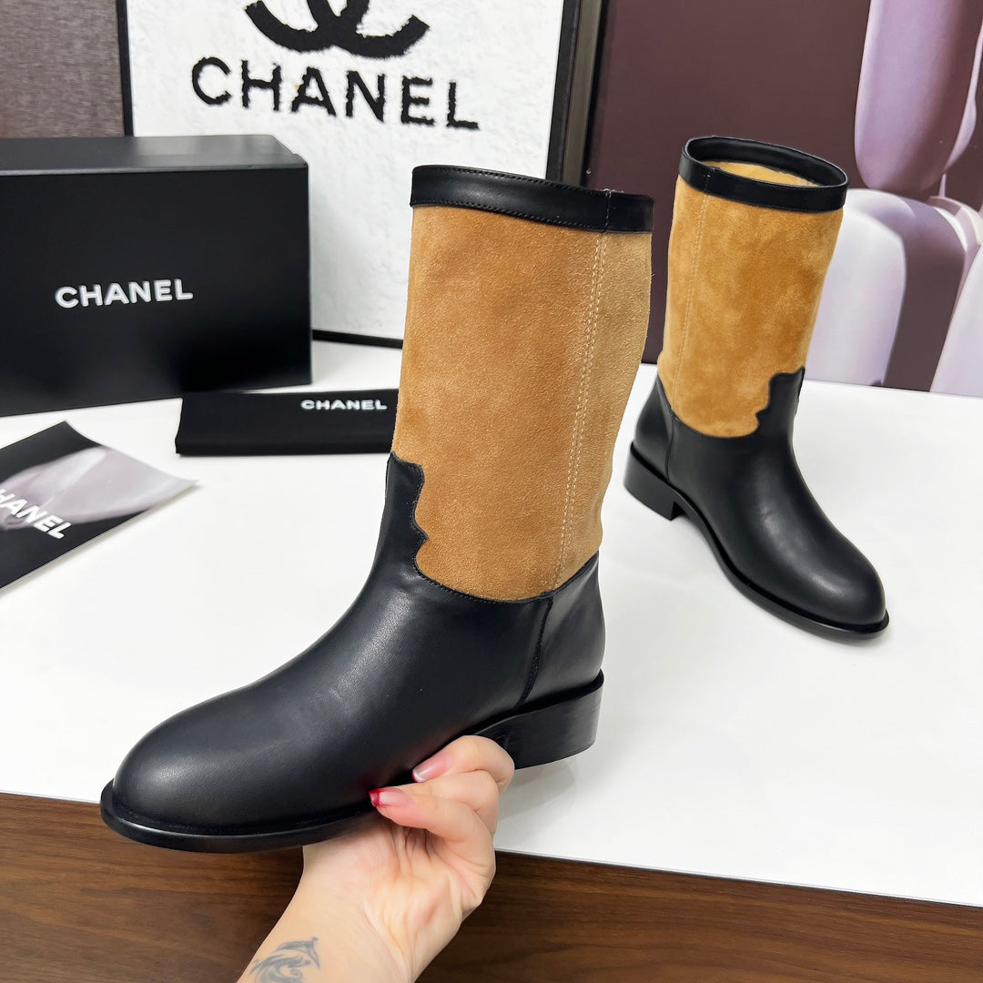 CHANEL 25S MID-CALF BOOTS 35MM IN BLACK CALFSKIN AND CARAMEL SUEDE GOLD HARDWRE