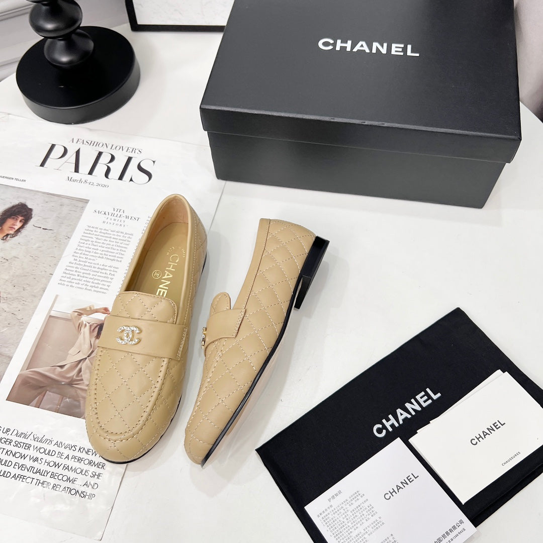 CHANEL 25S LOAFER DANCE SHOES IN BEIGE CALFSKIN GOLD HARDWRE