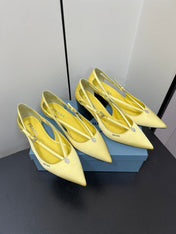 CUT-OUT PUMPS WITH BEAD BUCKLE IN LIGHT YELLOW SATIN