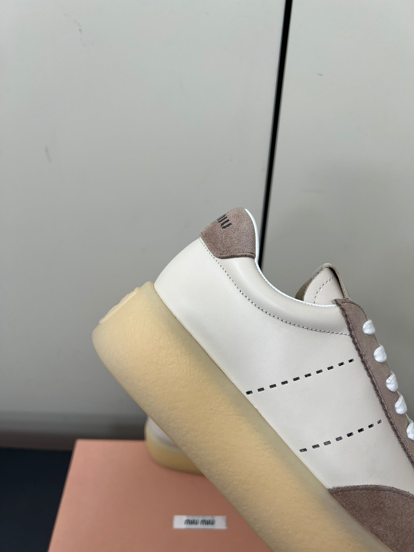 THICK-SOLED RETRO SNEAKERS IN CREAM LAMBSKIN AND PLASTER SUEDE