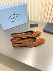 PRADA 26S SLINGBACK FLATS IN COGNAC BROWN SUEDE WITH GOLD HARDWARE