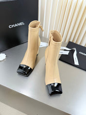 CHANEL 26S ZIPPER BOOTS 75 MM IN BEIGE CALFSKIN AND BLACK PATENT LEATHER SQUARE TOE HIGH