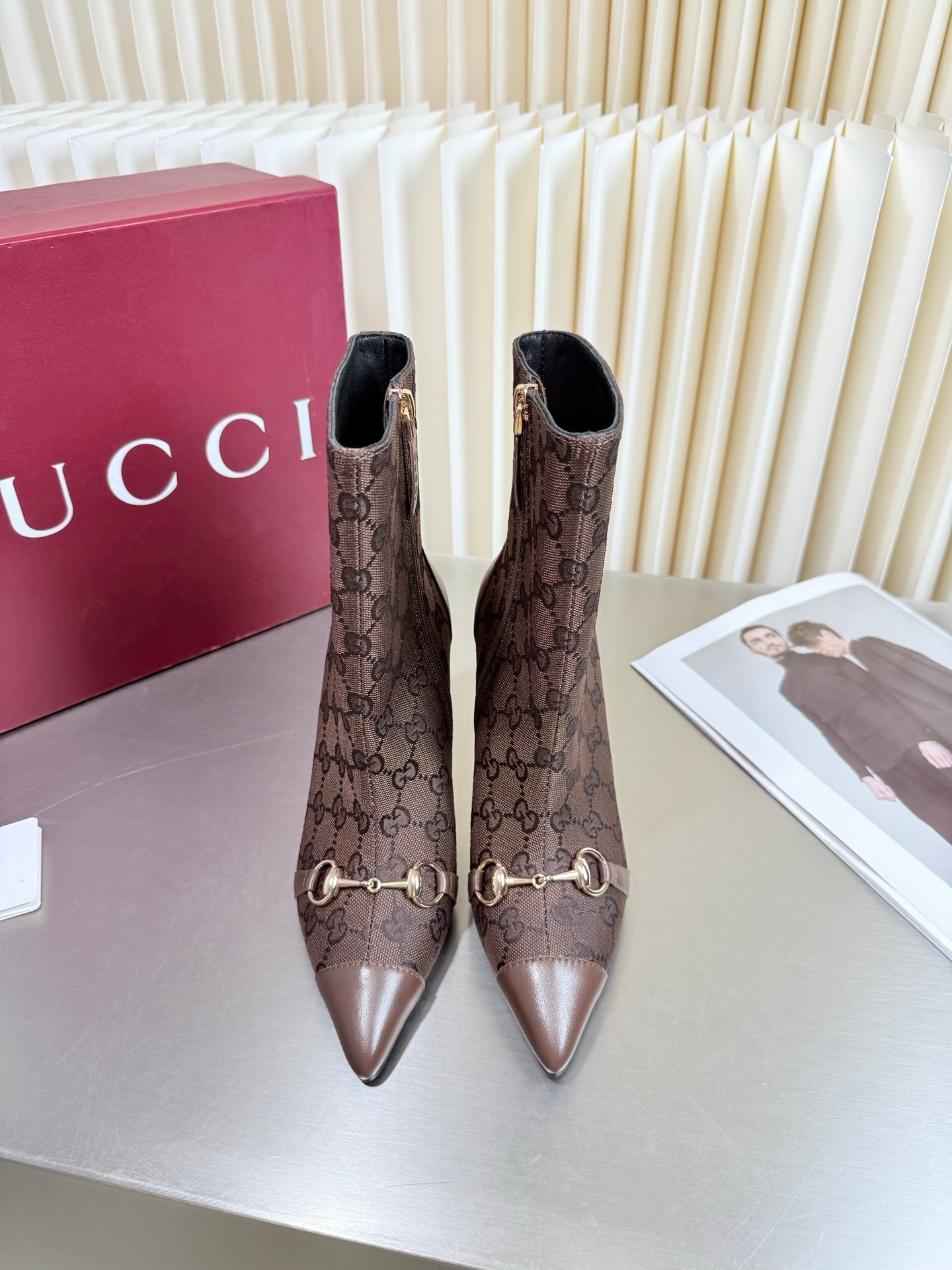 GUCCI 26S HORSEBIT BOOTS 105 MM IN DARK BROWN LEATHER AND CANVAS