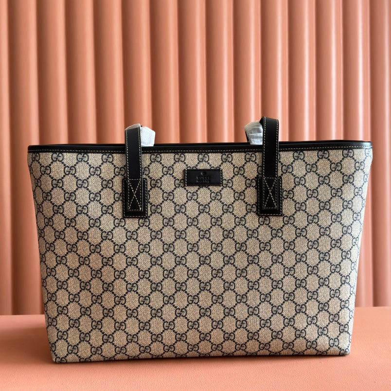 MEDIUM TOTE BAG 38 IN BEIGE AND BROWN GG COATED FABRIC BLACK CALFSKIN