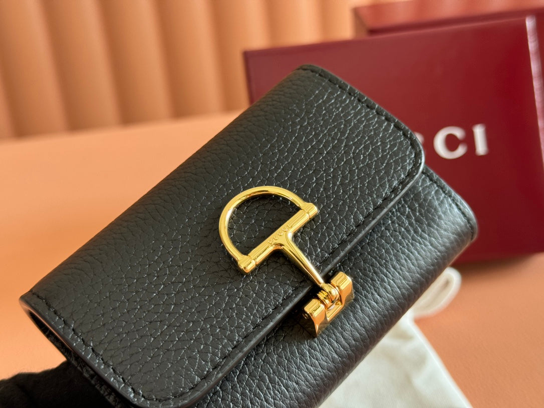 SOFTBIT CARD CASE 10.5 IN BLACK GRAINY CALFSKIN GOLD HARDWARE
