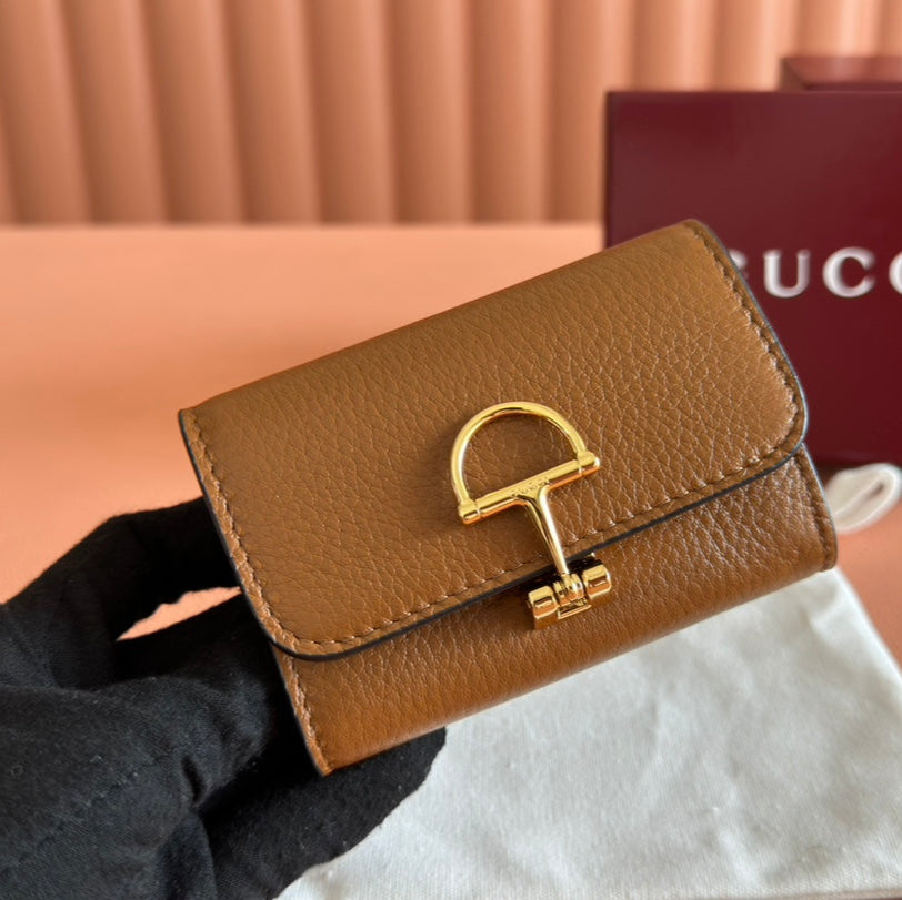 SOFTBIT CARD CASE 10.5 IN BROWN GRAINY CALFSKIN GOLD HARDWARE