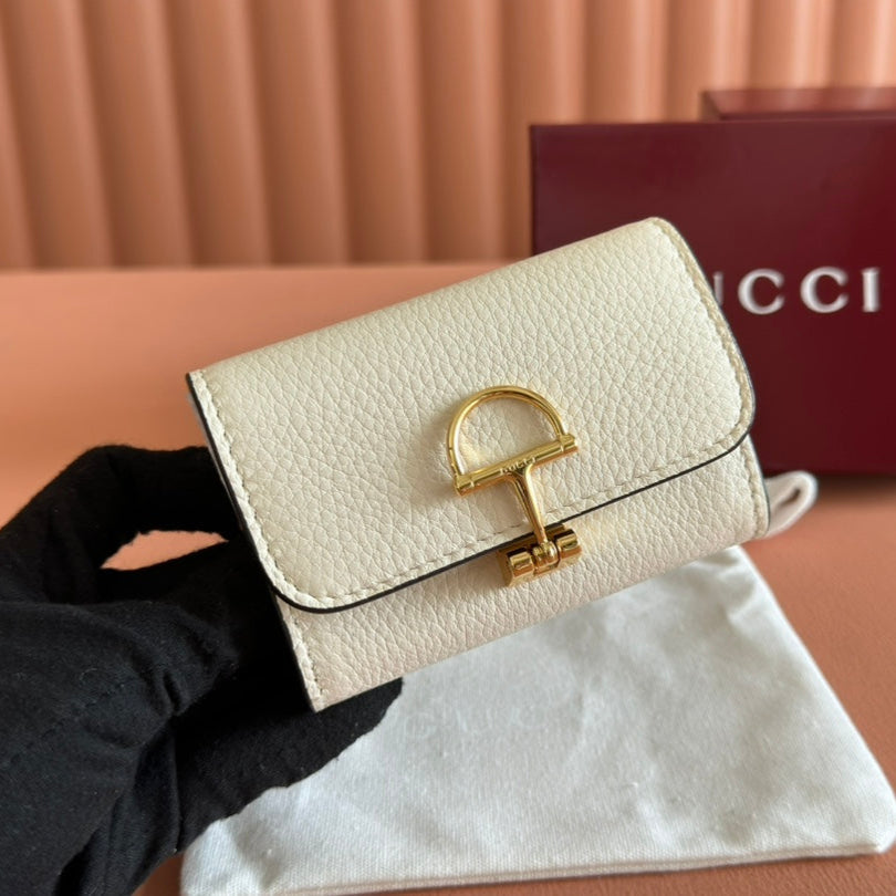 SOFTBIT CARD CASE 10.5 IN WHITE GRAINY CALFSKIN GOLD HARDWARE