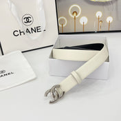 DOUBLE C BELT 30MM IN WHITE CALFSKIN WITH SHINY SILVER BUCKLE