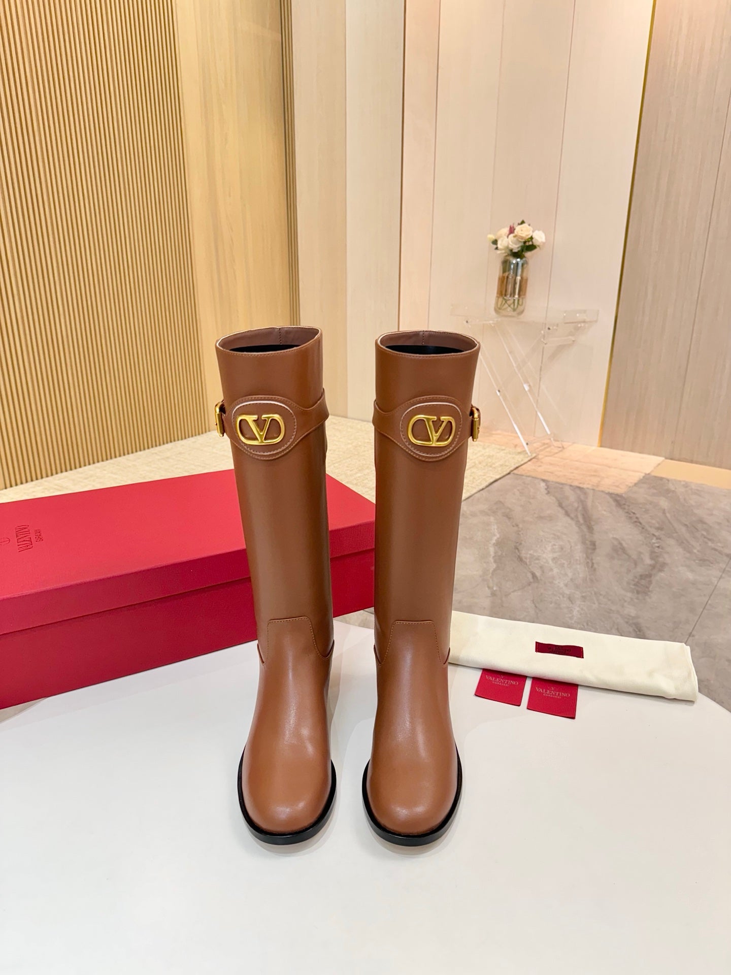 VALENTINO 26S TALL BOOTS IN COGNAC BROWN CALFSKIN