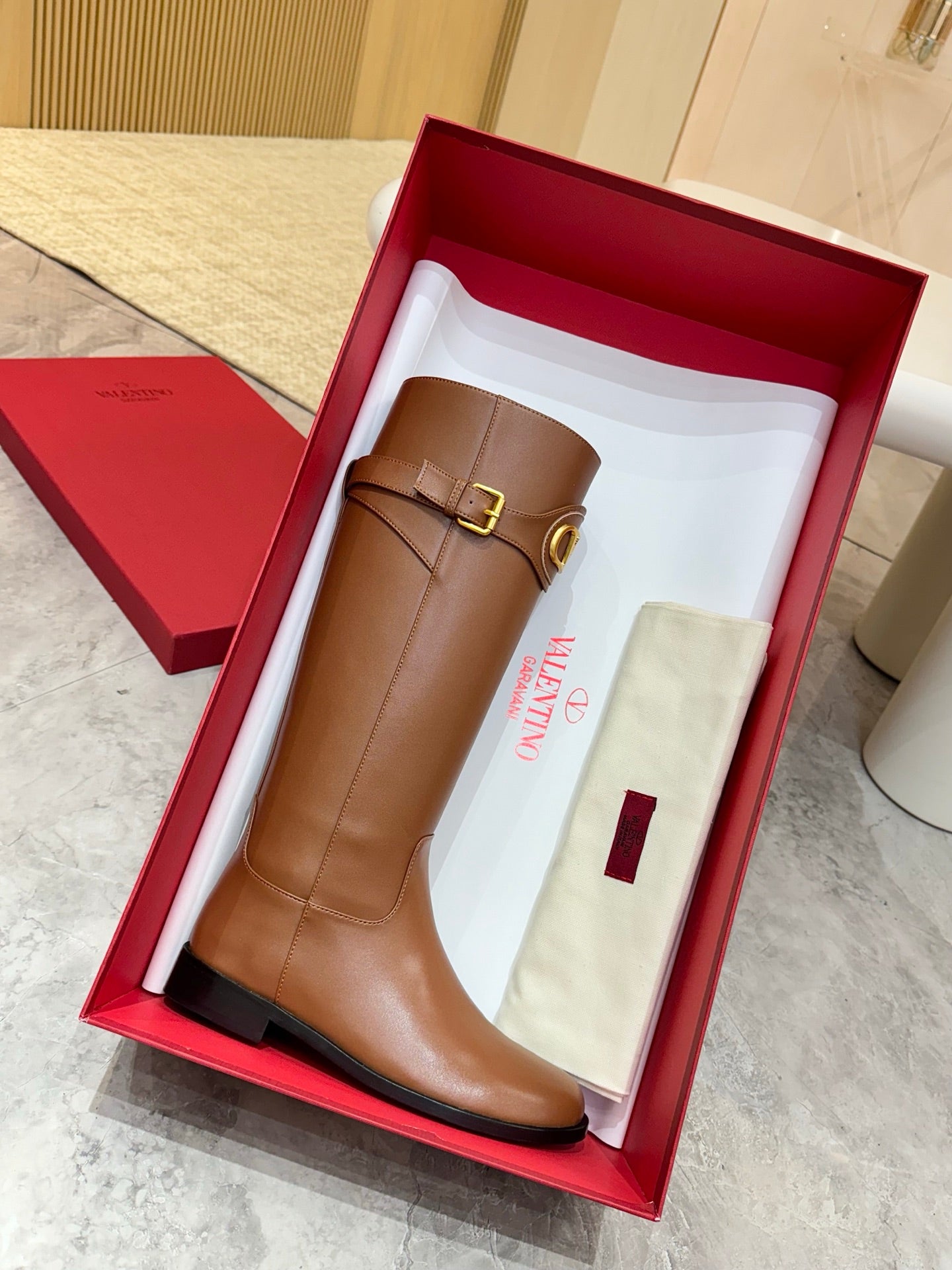 VALENTINO 26S TALL BOOTS IN COGNAC BROWN CALFSKIN