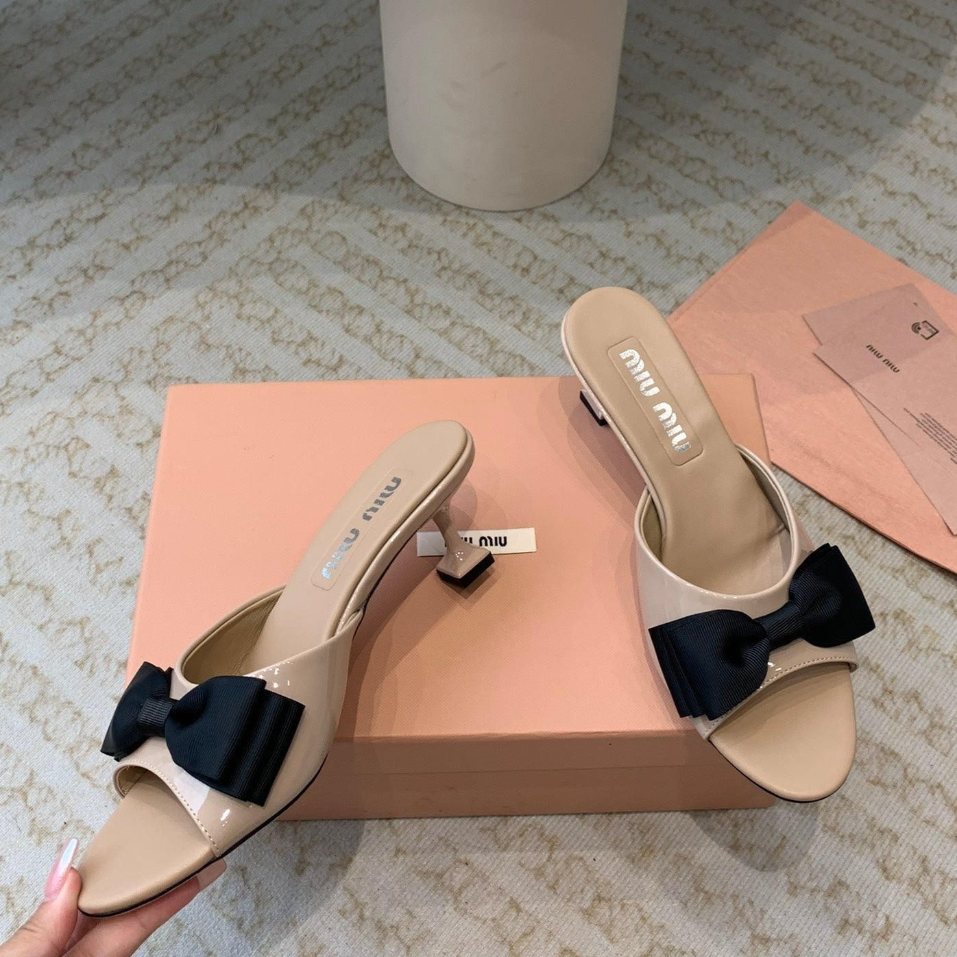 Nude Beige Mid - Heels With Black Bow Calfskin