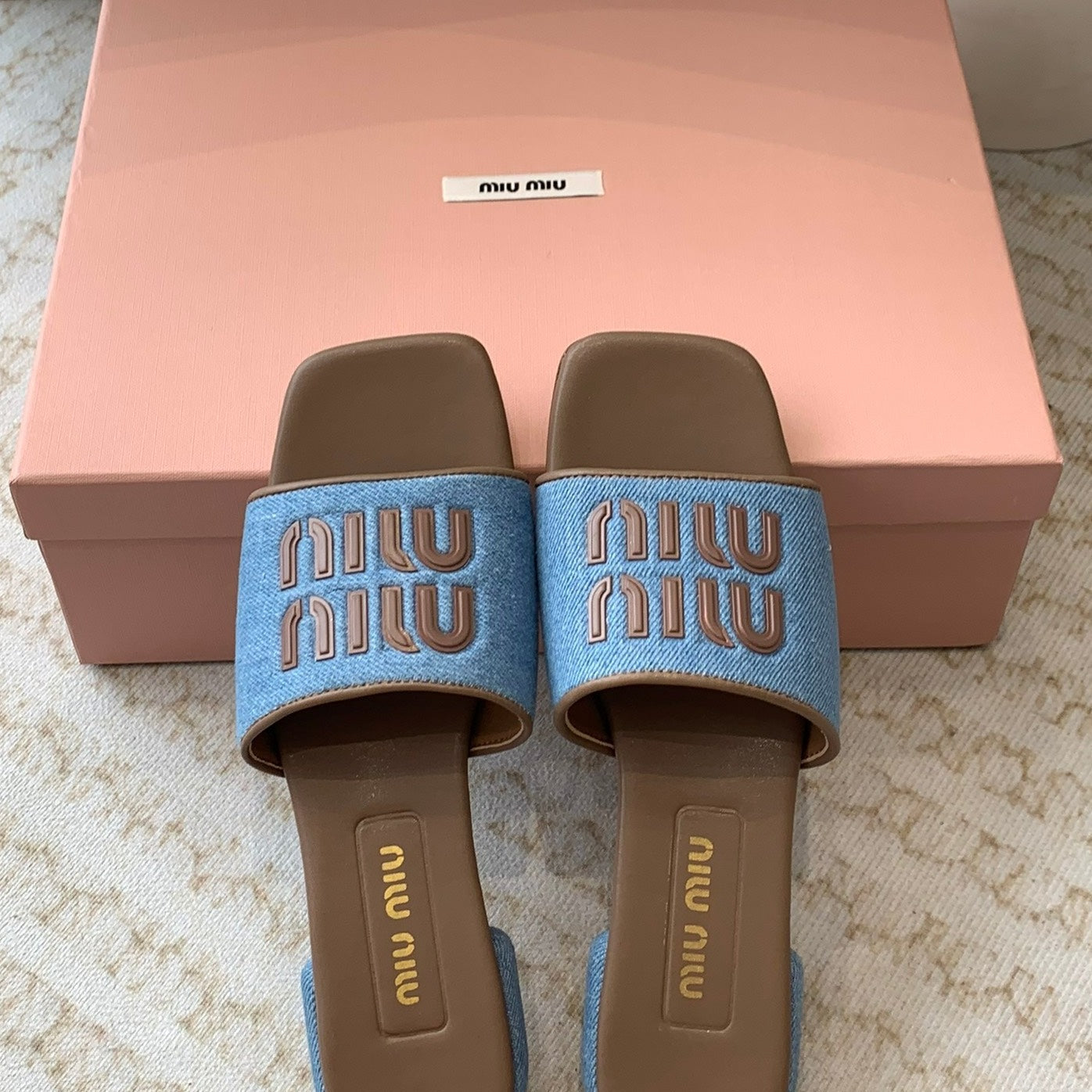 Women's Caramel Denim Slippers With Azure Blue Straps