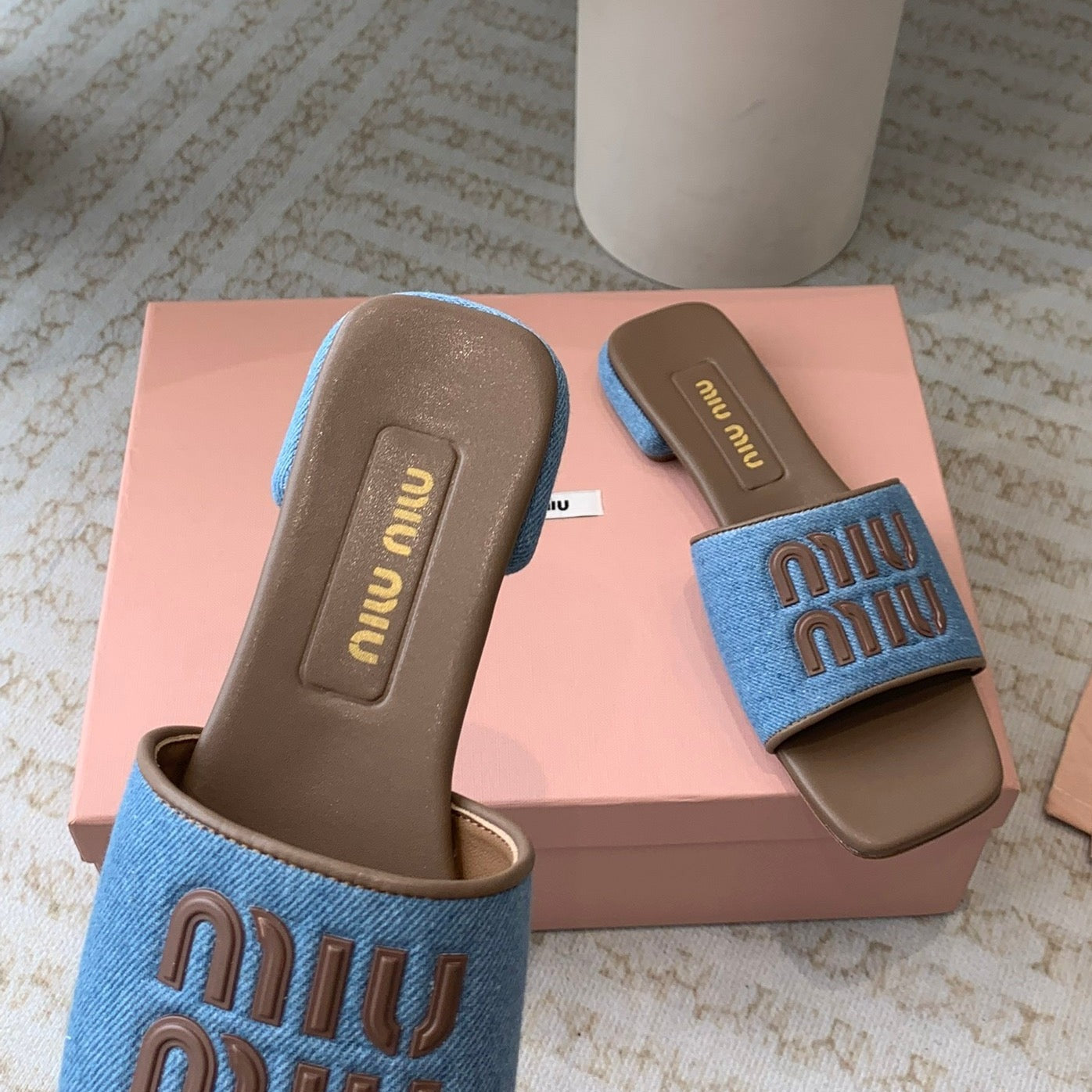 Women's Caramel Denim Slippers With Azure Blue Straps